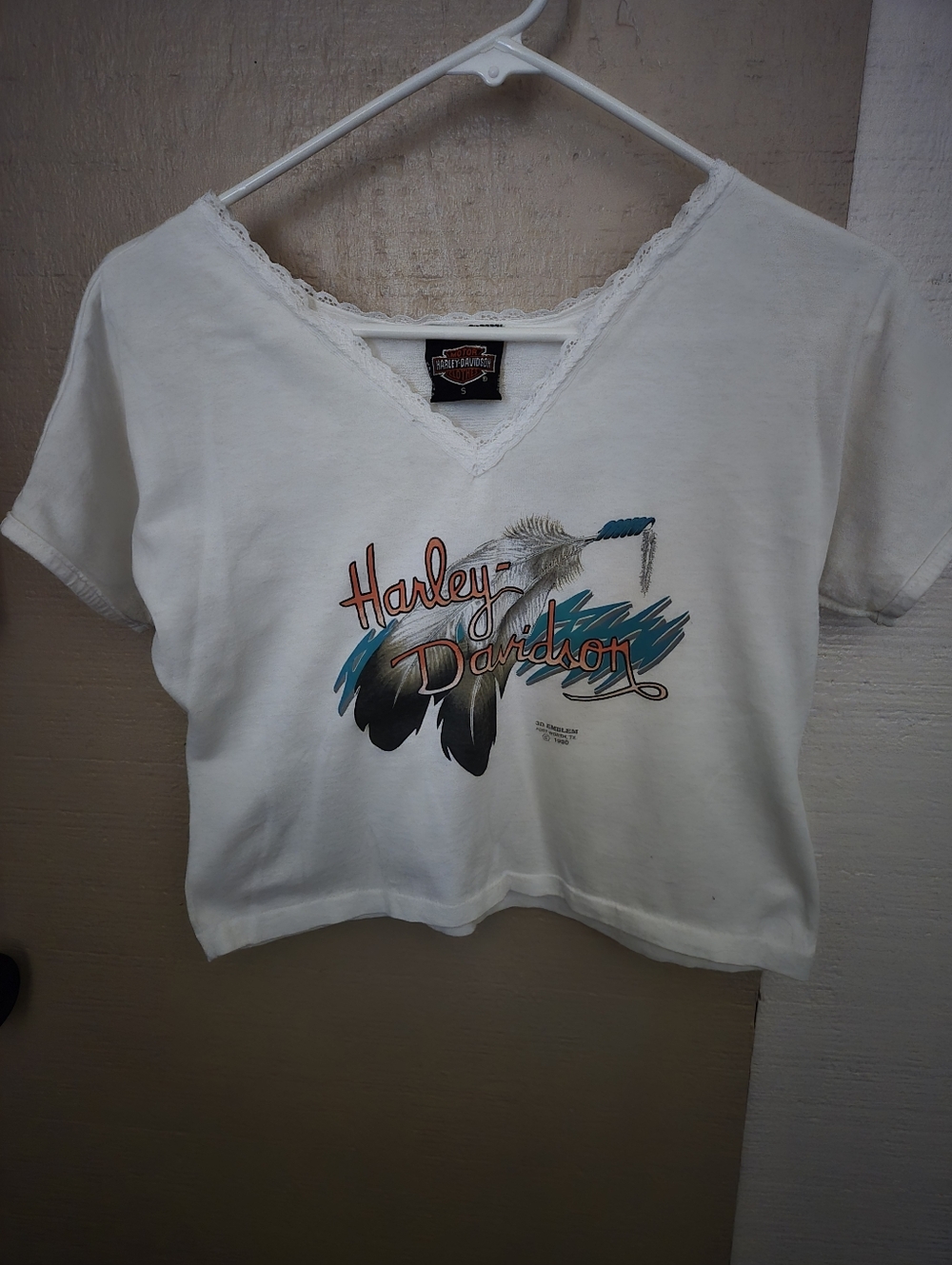 Harley-Davidson White Half Tee with Teal and Orange Graphic